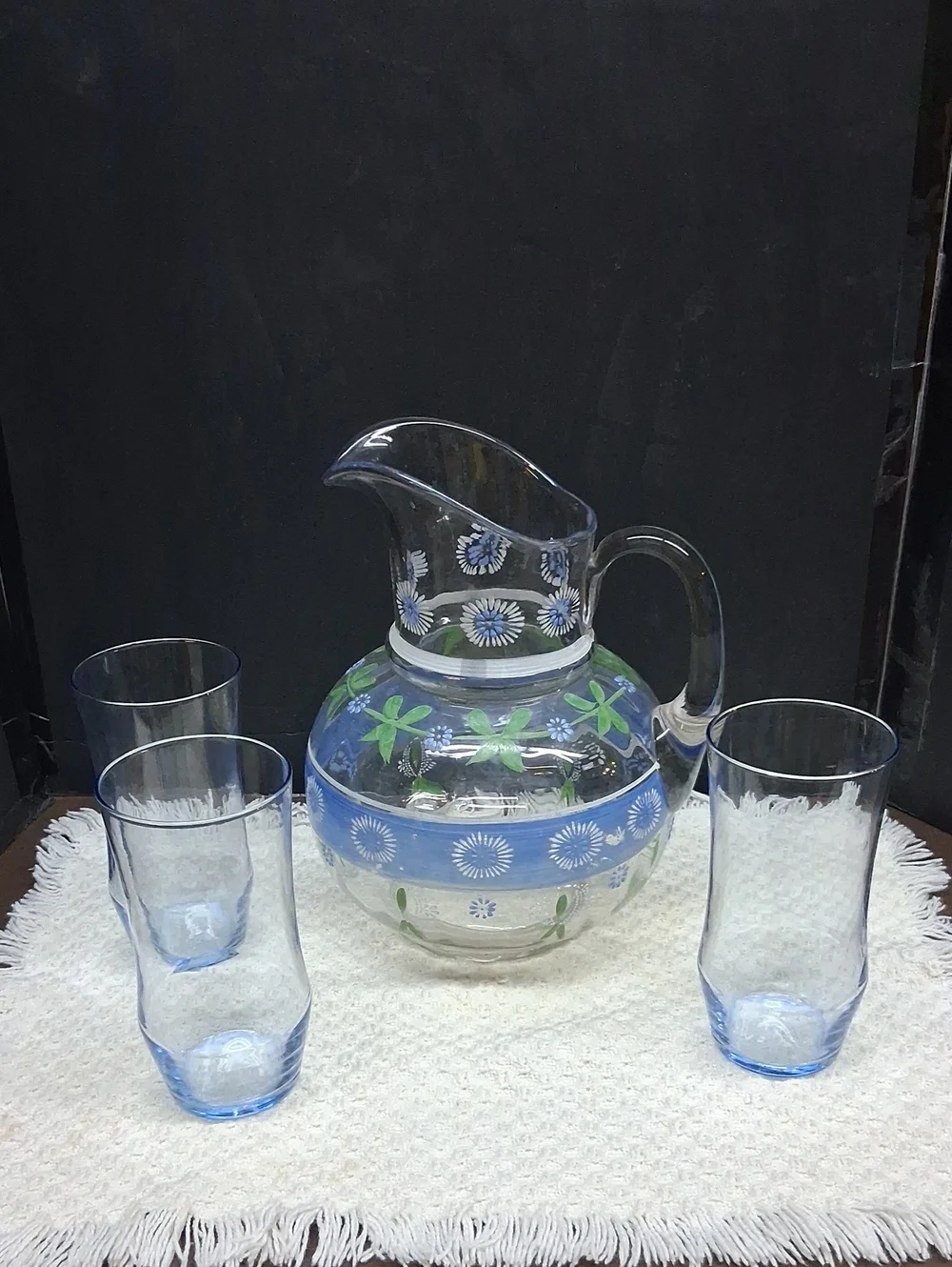 Vintage hand-painted glass pitcher & 3 blue tumblers, cottage style